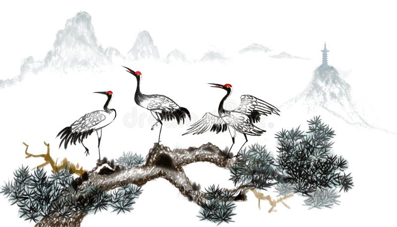 Pine crane year-end Chinese painting vector illustration Pine crane year-end Chinese painting vector illustration